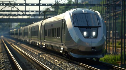 Fototapeta premium the electric multiple units (EMUs) powering forward with precision, distributing power efficiently for seamless acceleration and deceleration. --ar 16:9 --style raw