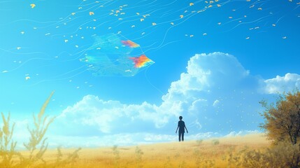 person running in the field with kite.