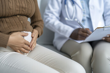 A close-up of a doctor examining a patient with a bloated stomach