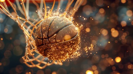A basketball is in the air, with a net behind it