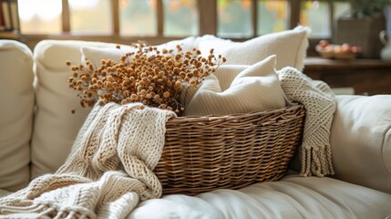 Obraz premium cozy home decor featuring a wicker basket filled with blankets and cushions on a linen sofa, embracing the kinfolk interior design aesthetic