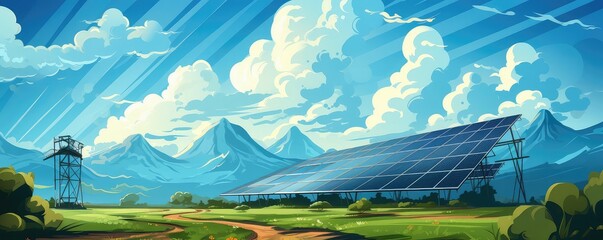 Solar panels farm landscape illustration flat design front view renewable energy theme animation vivid