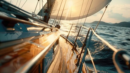 Fototapeta premium A sailboat sailing in the open ocean, perfect for travel brochures or nautical themed designs