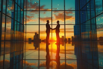 Business partners exchanging a firm handshake in a high-rise office, celebrating a successful deal and future collaboration