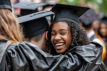 Multiethnic graduates in black caps and gowns, joyfully hugging each other and holding their diplomas, having a great time