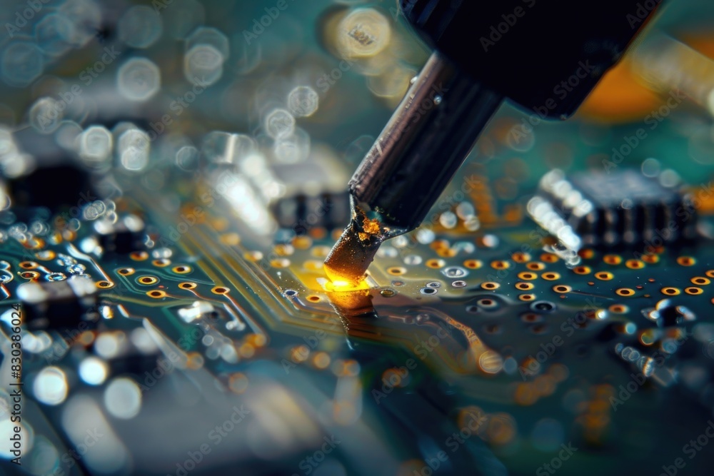 Poster detailed view of a microchip on a circuit board. perfect for technology concepts