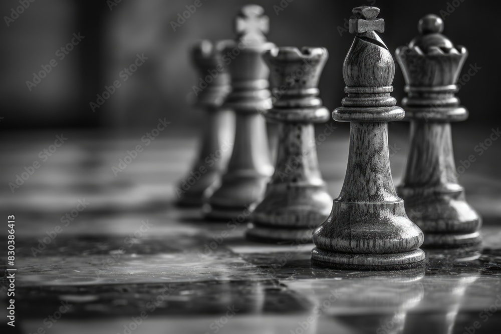 Poster close up view of chess pieces on a table. suitable for strategy and competition concepts