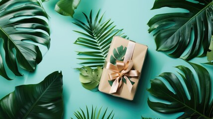 A gift box with a decorative ribbon bow, set on a flat lay solid color background with dried flowers and tropical leaves, featuring ample area for copy