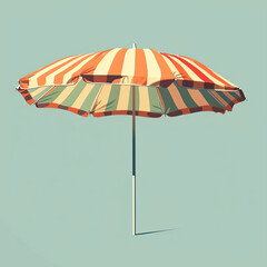 A colorful beach umbrella with orange, yellow, and green stripes standing tall against a plain, light green background on a sunny day.