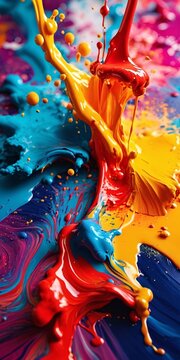 Colorful abstract paint spill background, vertical orientation 