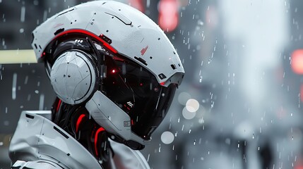 Capture a rear view of a cybernetic humanoid, exploring futuristic tech, with an impressionistic touch Use unexpected camera angles to infuse mystery