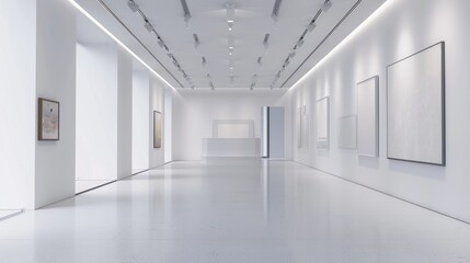 A pristine white gallery space with minimalist decor and soft lighting, providing an ideal setting for showcasing artwork and creative installations.