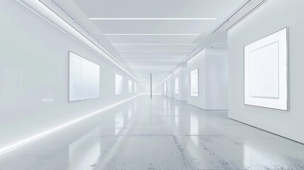 A pristine white gallery space with minimalist decor and soft lighting, providing an ideal setting for showcasing artwork and creative installations.