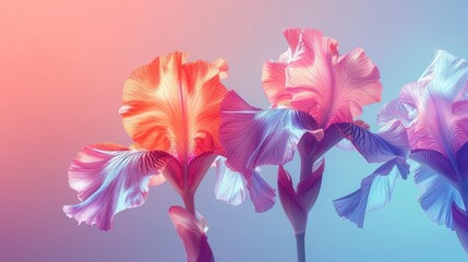 floral art concept, vibrant abstract irises backdrop with ample space for text or design, ideal for nature-inspired projects