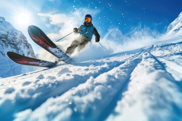 A man enjoying skiing on a snowy slope. Suitable for winter sports concept
