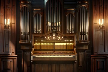 A large pipe organ in a church. Suitable for religious or music-related designs