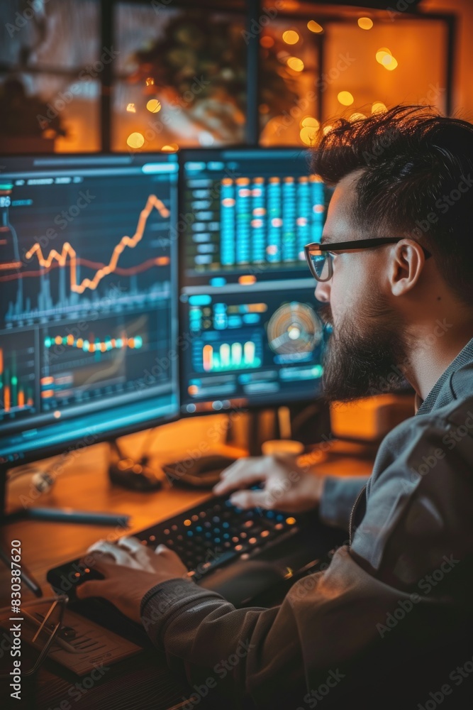 Poster a man sitting in front of two computer monitors. suitable for technology concept