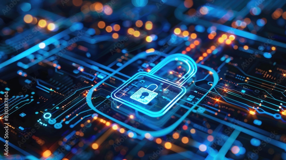 Poster a padlock securely placed on top of a circuit board. suitable for technology and security concepts