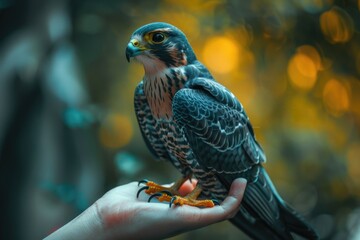 A majestic bird of prey perched on a person's hand. Ideal for nature and wildlife concepts