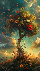 Painting of a tree with flowers growing from it in a field