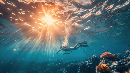 A person swimming in the ocean with sunlight shining through the water. Ideal for travel and leisure concepts - Powered by Adobe