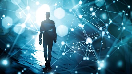 A man is walking through a network of lines and dots