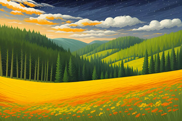 Beautiful and Peaceful Nature Scenery Illustration, Landscape, Countryside, Tranquil, Vibrant and Colorful