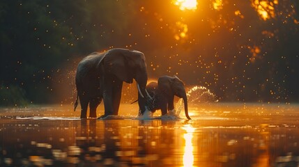 Mother and Baby Elephants Serene River Bath A Tale of Togetherness and Playfulness