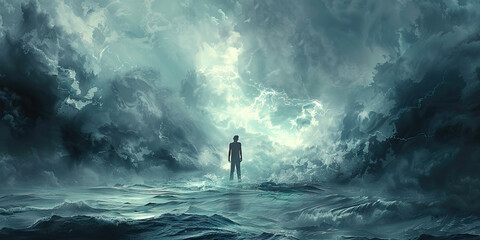 Obraz premium Resilience Amidst Turmoil: A strong and steady figure standing resolute against the backdrop of raging storm clouds, symbolizing the indomitable spirit of perseverance and endurance in the face of adv