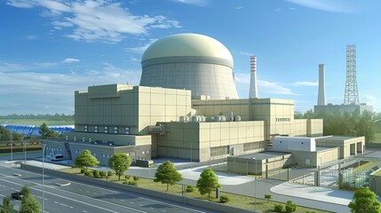 Fototapeta premium The massive containment structure of a nuclear power plant, designed to prevent radiation release, in a realistic architectural rendering. --ar 16:9 