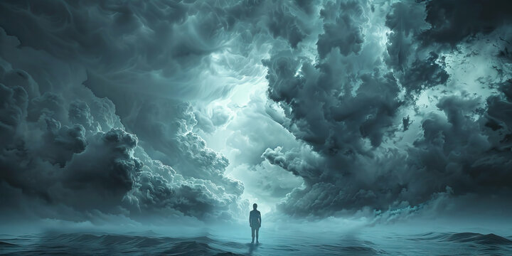 Resilience Amidst Turmoil: A strong and steady figure standing resolute against the backdrop of raging storm clouds, symbolizing the indomitable spirit of perseverance and endurance in the face of adv