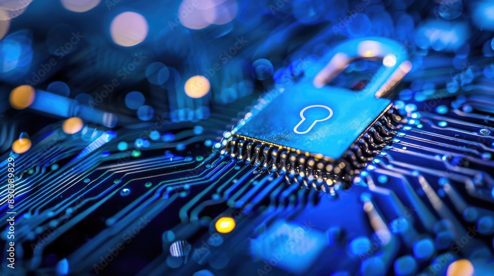 Aufkleber close up of a circuit board with a padlock, suitable for cybersecurity concepts