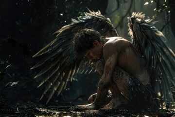 A man kneeling on the ground next to a fallen angel. Suitable for various concepts and themes