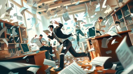 Busy man rushing through cluttered office. Suitable for business concepts