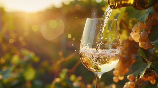 Pouring white wine into a wine glass against a sunny vineyard backdrop Winemaking theme with room for text
