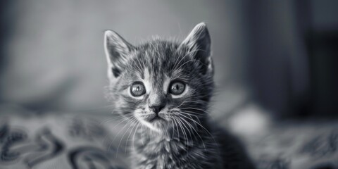 Adorable kitten sitting on a bed, perfect for pet lovers