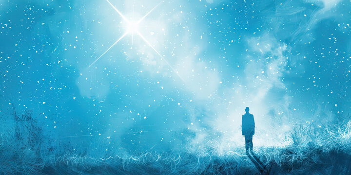 Harbinger of Hope: A person with upturned features gazing at a star in the night sky, radiating a light blue hue, symbolizing the promise of a better future