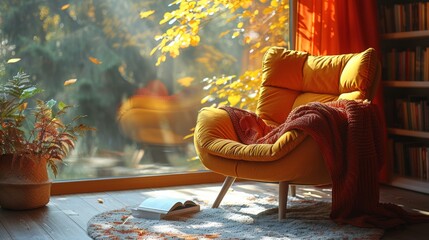cozy reading corner, a cozy reading corner bathed in sunlight, cozy chair and autumn-hued book create a peaceful oasis for book enthusiasts in a minimalist design ideal for unwinding in fall