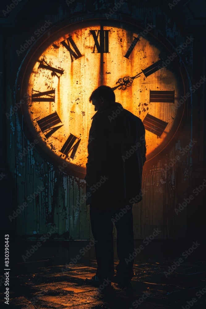 Poster a man standing in front of a large clock. suitable for time management concepts