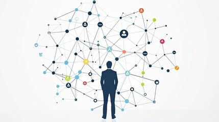 A man stands in front of a large network of people