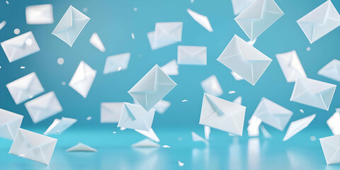Several envelopes falling on blue background