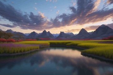 Beautiful and Peaceful Nature Scenery Illustration, Landscape, Countryside, Tranquil, Vibrant and Colorful