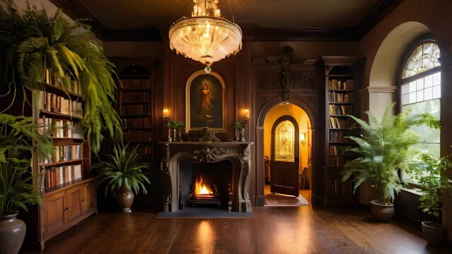 A Cozy Living Room With Fireplace and Abundant Plants, manor house