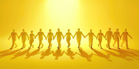 United in Unity (Yellow): An inspiring scene of individuals forming a unified circle, their hands clasped together, radiating warmth and the power of unity in yellow hues.
