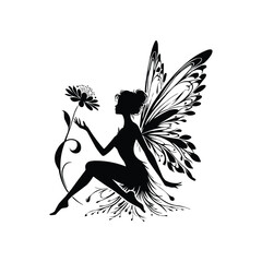 A graceful fairy silhouette seated with extended legs holding a flower with detailed wings against a plain background