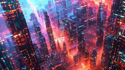 View of the smart city skyscrapers from an aerial height at night with beautiful lights.