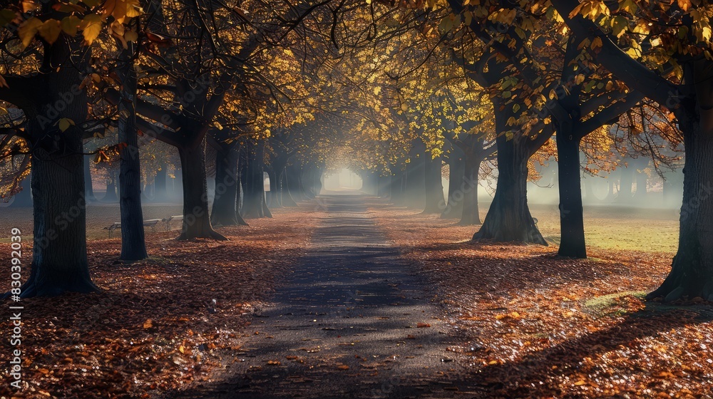 Poster an eerie path through an autumn park, flanked by shadowy trees and a thick layer of fog, creating a 