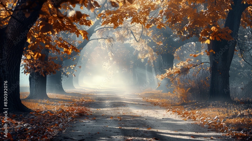 Poster an eerie path through an autumn park, flanked by shadowy trees and a thick layer of fog, creating a 