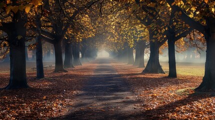 Fototapeta premium An eerie path through an autumn park, flanked by shadowy trees and a thick layer of fog, creating a haunting yet beautiful scene of autumn sadness.