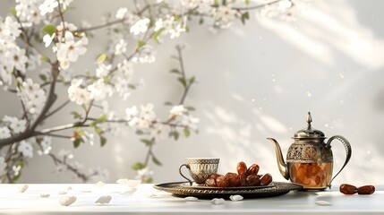 about Ramadan Kareem greeting card, invitation. Ornamental tea, coffee cup, bronze plate with dates fruit, white blooming prunus tree branch on white table. Iftar dinner. Eid ul Adha banner background